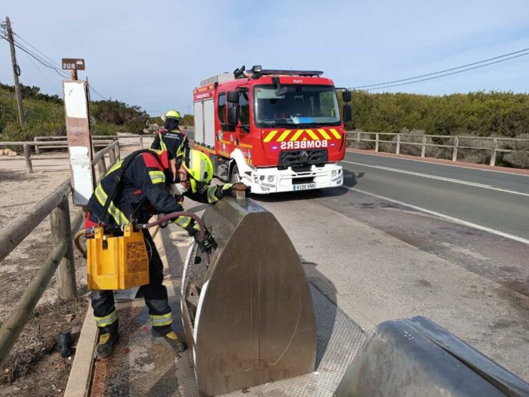 Los Bomberos apagando el fuego de un contenedor.