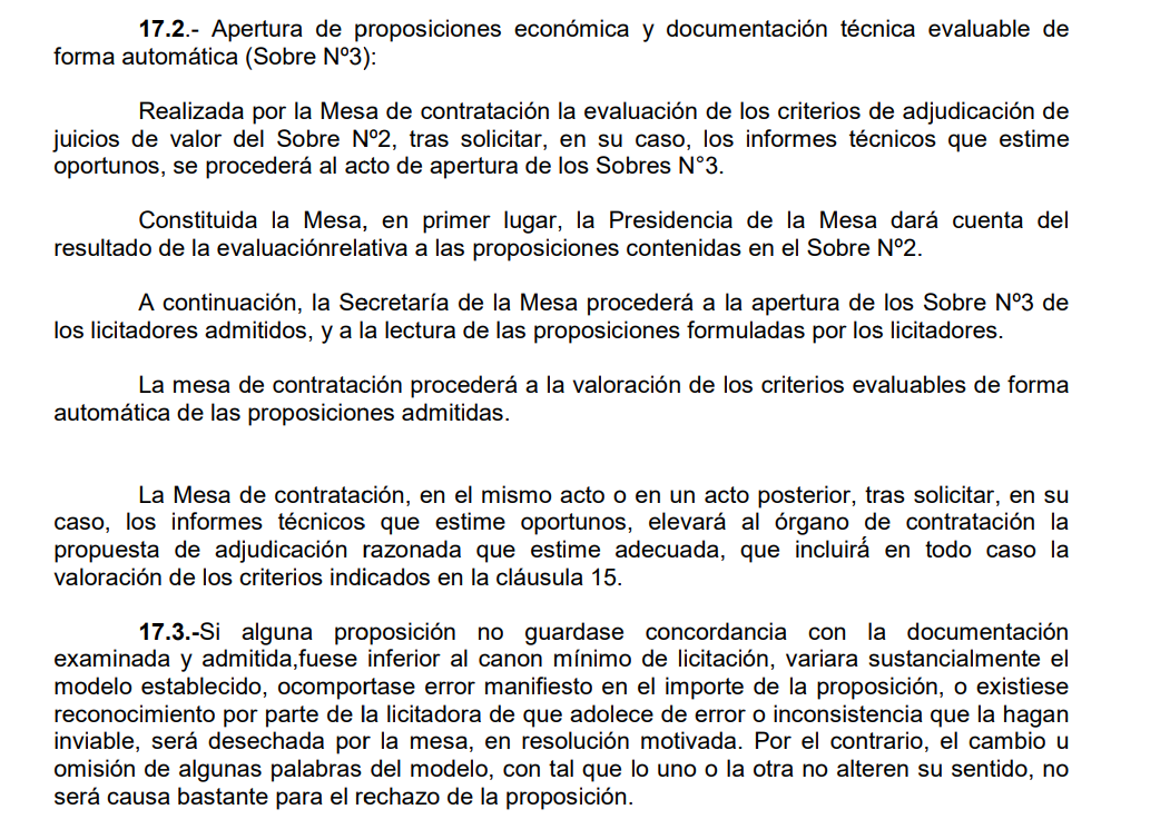 Articulado del pliego que indica la apertura de sobres