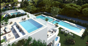 Recreaci&oacute;n de la promoci&oacute;n de 32 viviendas con piscina individual y gran piscina comunitaria en Cala Llenya.