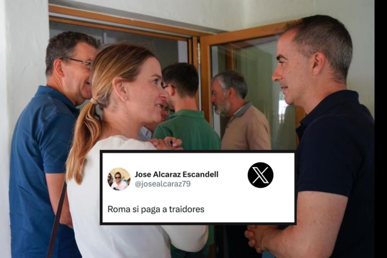 Foto de archivo de Sa Unió, con Prohens y Alcaraz. Al centro el posteo hecho por el ex presidente del PP de Formentera.