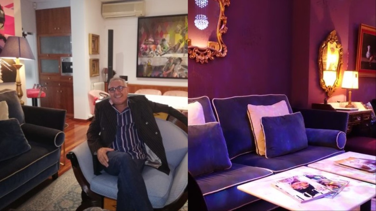 Youcef Aden in his apartment (left) and a photo of the Hedges Club in Barcelona (right).