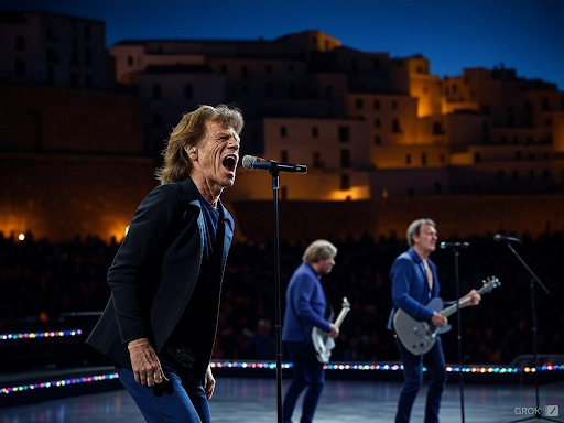 The Rolling Stones with Dalt Vila in the background at night