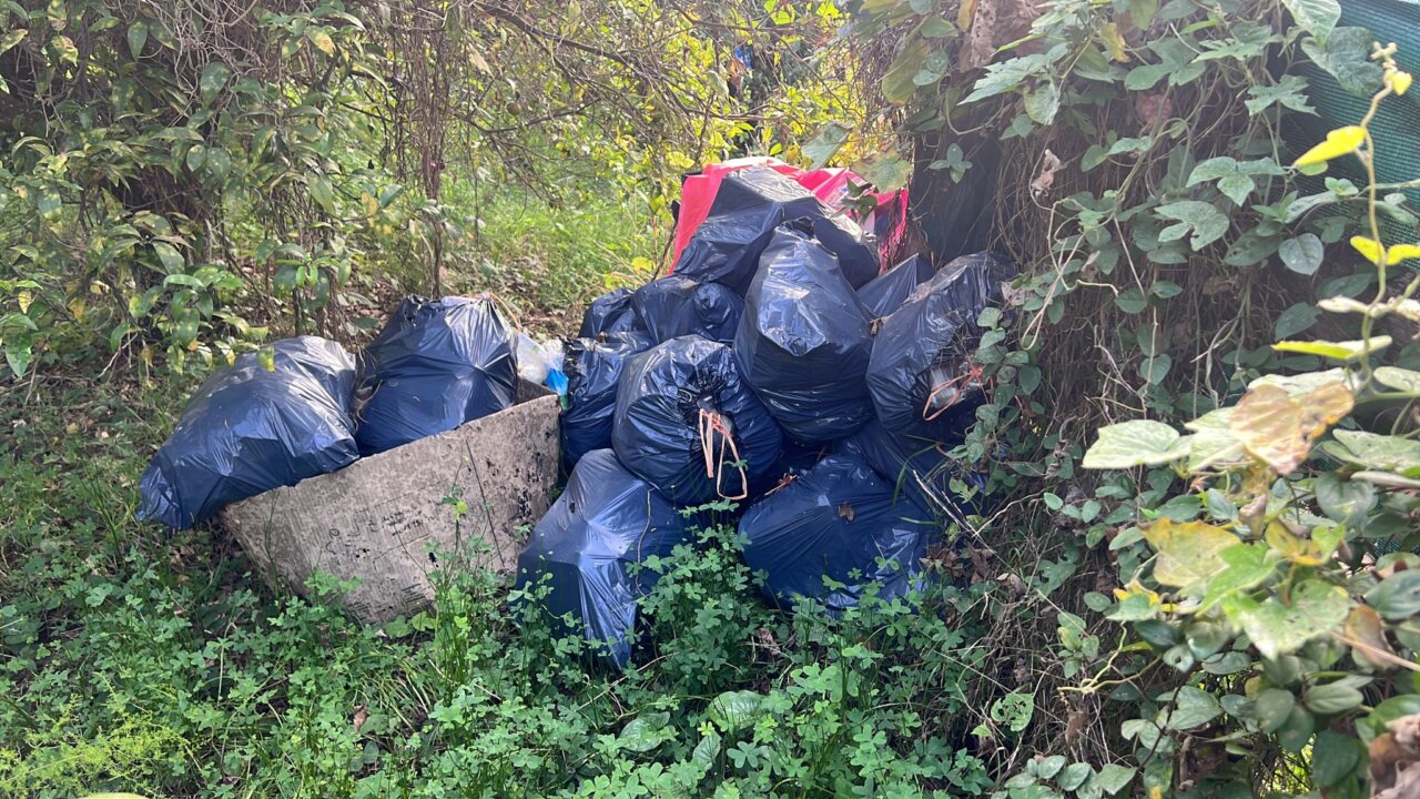 Garbage bags accumulated in the squatted house in Santa Eulalia del Río.  