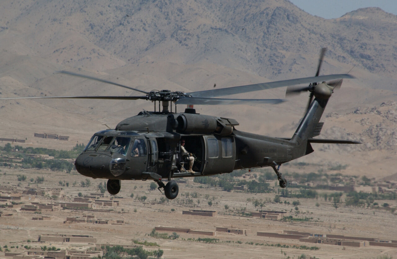 A Sikorsky UH-60 Black Hawk in full flight.