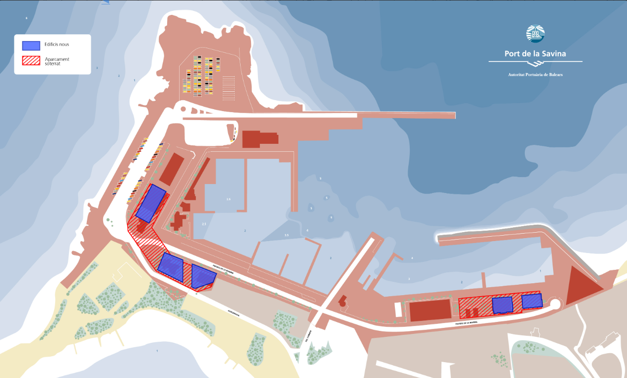 En azul los cinco edificios nuevos o a remodelar sobre los dos nuevos aparcamientos subterráneos. 