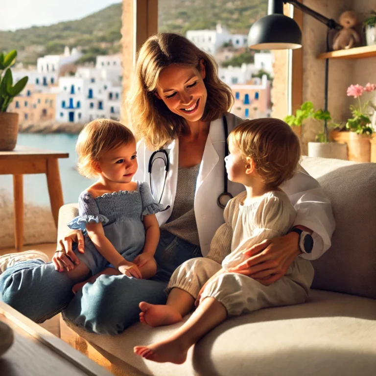 Una madre con sus dos hijas mellizas.