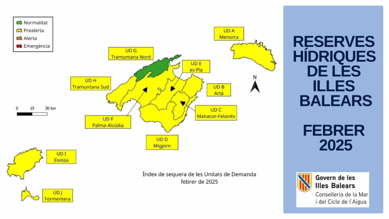 Mapa de las reservas hídricas de Baleares en febrero de 2025