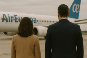 Begoña y Sánchez, observando avión de Air Europa. Imagen con IA.