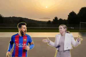 Casa de Messi de fondo. El astro con camiseta de Barcelona junto a la presidenta del Govern, Marga Prohens.