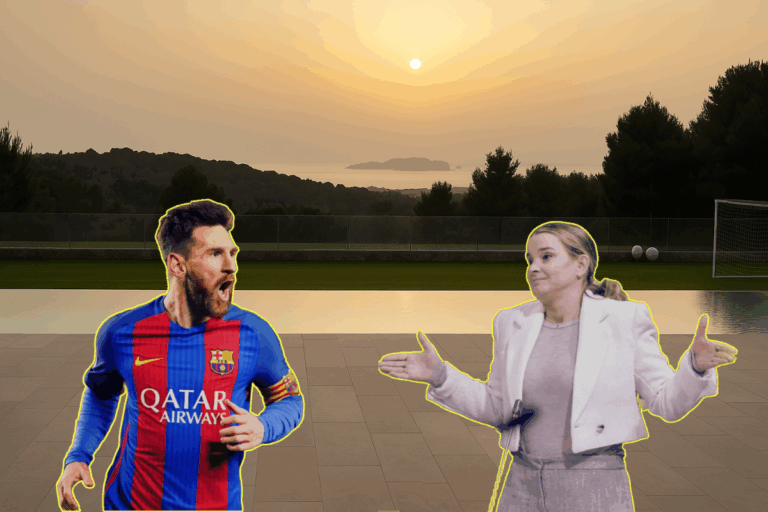 Casa de Messi de fondo. El astro con camiseta de Barcelona junto a la presidenta del Govern, Marga Prohens.