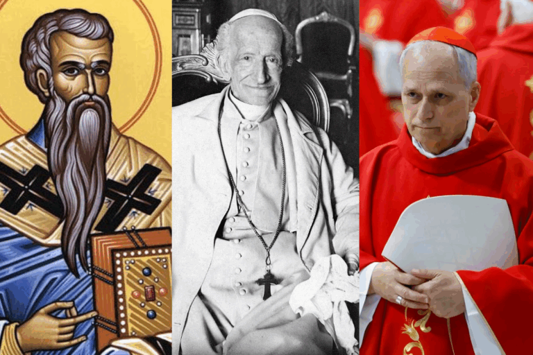 De izquierda a derecha, el papa León I (siglo V), León XIII (1878–1903) y el recién elegido León XIV, Robert Prevost (2025), en una línea visual que conecta firmeza doctrinal, reforma social y mi