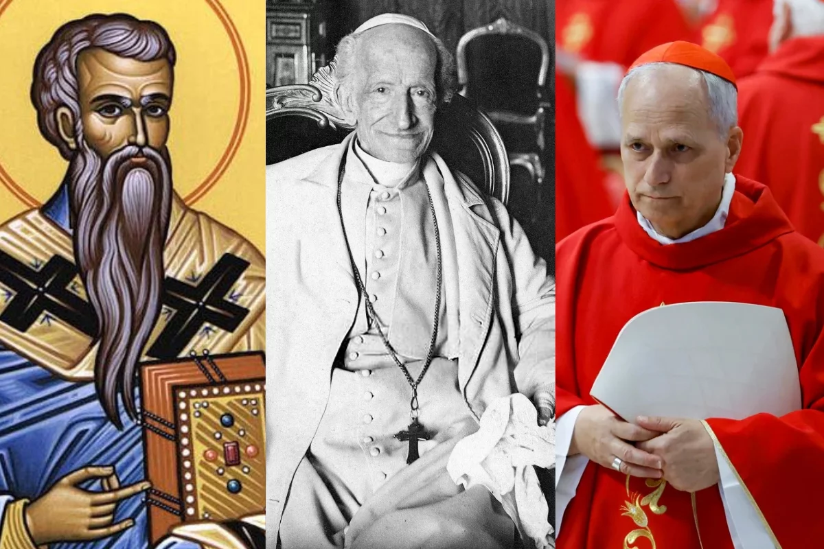 De izquierda a derecha, el papa León I (siglo V), León XIII (1878–1903) y el recién elegido León XIV, Robert Prevost (2025), en una línea visual que conecta firmeza doctrinal, reforma social y mi