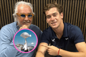 Flavio, Colapinto y una imagen de la campa&ntilde;a de la pizzeria que se abrir&aacute; en Ibiza.