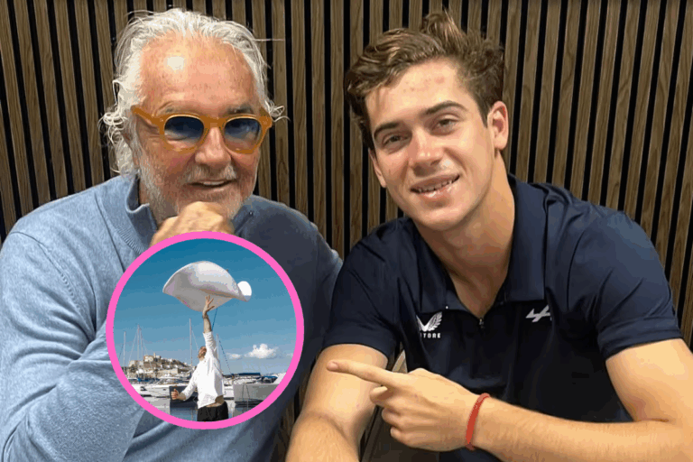 Flavio, Colapinto y una imagen de la campaña de la pizzeria que se abrirá en Ibiza.
