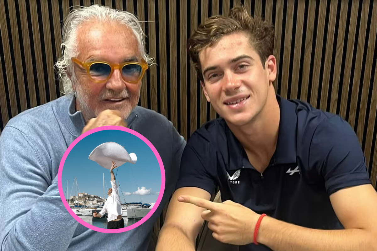 Flavio, Colapinto y una imagen de la campaña de la pizzeria que se abrirá en Ibiza.
