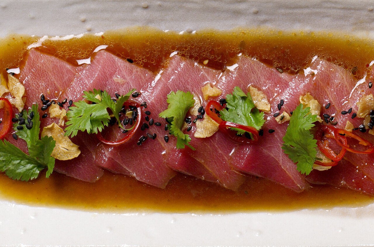 thinly sliced semi fatty tuna, chilli, coriander and sesame chu toro no oasashimi kousou fuumi crop thinly sliced semi fatty tuna, chilli, coriander and sesame chu toro no oasashimi kousou fuumi crop