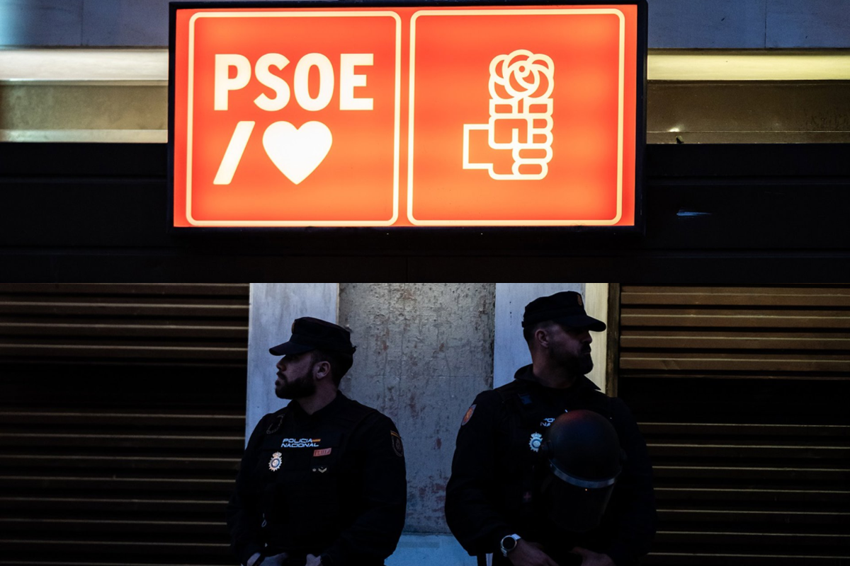 Dos policías controlan la calle Ferraz, donde se encuentra la sede del PSOE, a 25 de abril de 2024, en Madrid (España). La Policía Nacional ha desplegado un dispositivo de seguridad sensiblemente