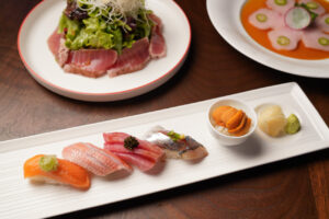 Sushi selection, sashimi salad and tiradito