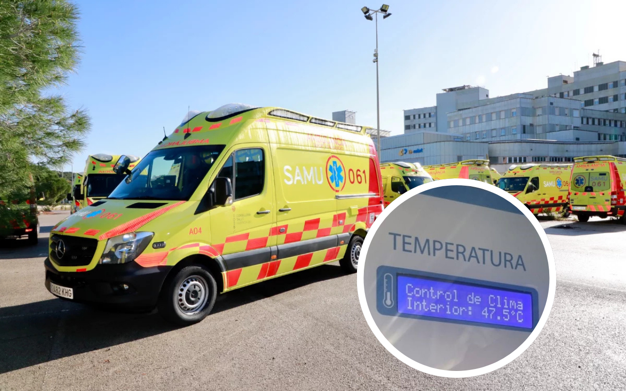 Ambulancia en Ibiza, y temperatura del interior del vehículo destacada.