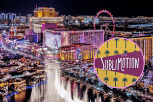 Vista panorámica de la ciudad de Las Vegas y fachada de Sublimotion Ibiza