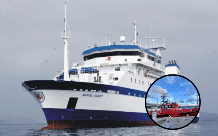 El buque Miguel Oliver (Foto Ministerio de Agricultura, Pesca y Alimentación) Y la embarcación de rescate Salvamar Naos.