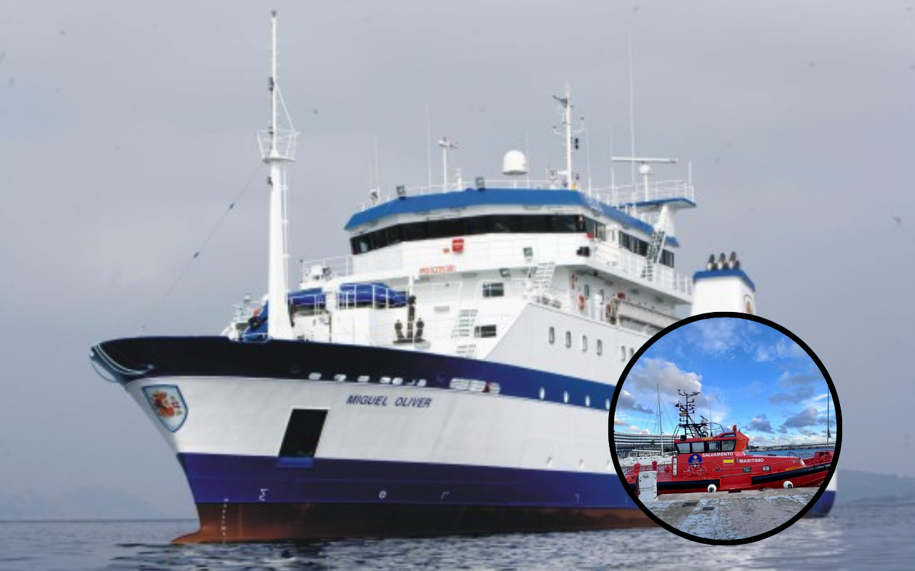 El buque Miguel Oliver (Foto Ministerio de Agricultura, Pesca y Alimentación) Y la embarcación de rescate Salvamar Naos.