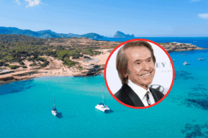 Montaje con foto de archivo de Raphael y vistas de costas de Sant Josep, Ibiza