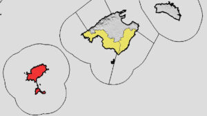 Mapa que muestra alerta roja por lluvias en Ibiza y Formentera.