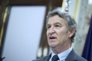 El presidente del PP, Alberto N&uacute;&ntilde;ez Feij&oacute;o, durante una rueda de prensa en el Congreso