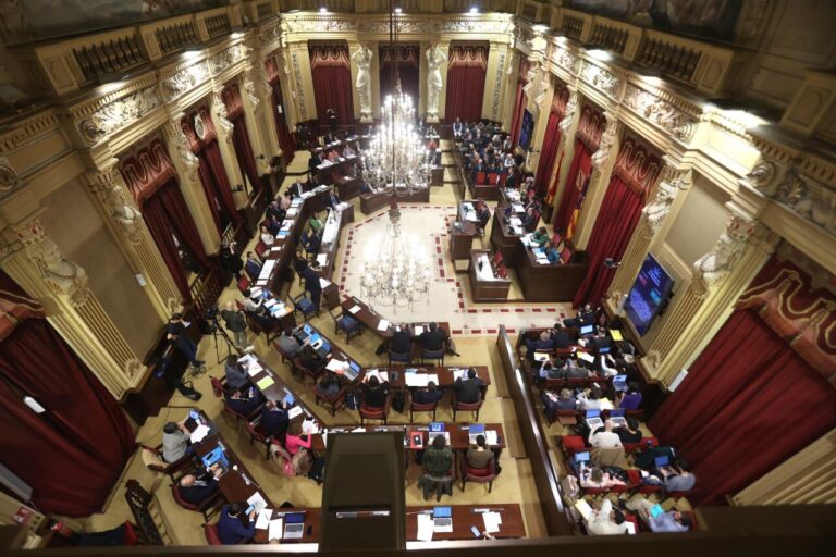 Vista general del pleno de la Cámara balear con diputados discutiendo