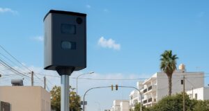Radar de velocidad en la calle Corona, Ibiza, con cielo azul.