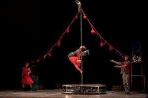 Actuaci&oacute;n de circo contempor&aacute;neo con un acr&oacute;bata en un m&aacute;stil