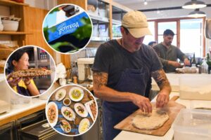 Trabajadores en la cocina de Stevie alla Bottega preparando pan y platos italianos.