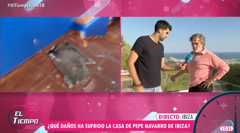Pepe Navarro mostrando los daños en su casa tras la tormenta en Ibiza.