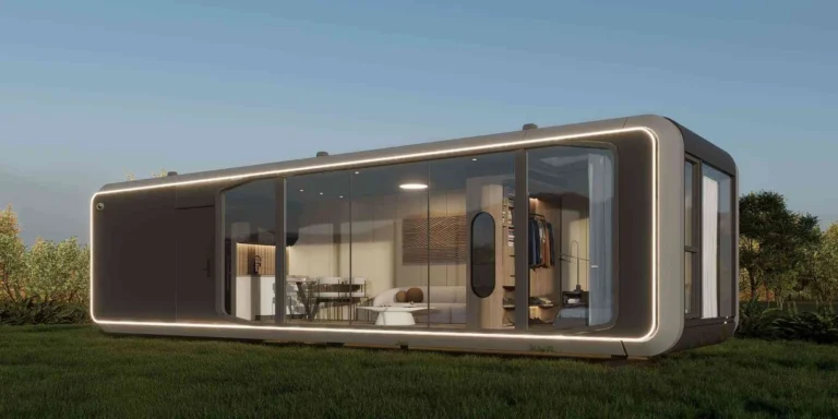 Vista exterior de una casa cápsula inteligente en Ibiza con diseño moderno.