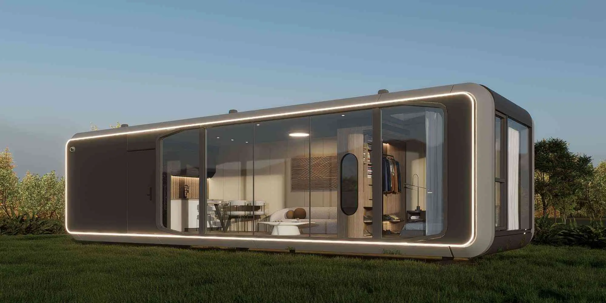 Vista exterior de una casa cápsula inteligente en Ibiza con diseño moderno.