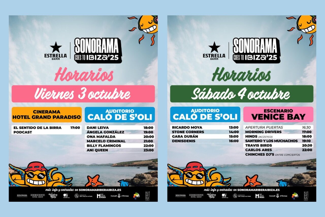 Horarios del festival Sonorama Goes to Ibiza 2025 en dos escenarios.