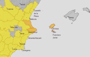 Mapa de alerta naranja por lluvias en Ibiza y alrededores