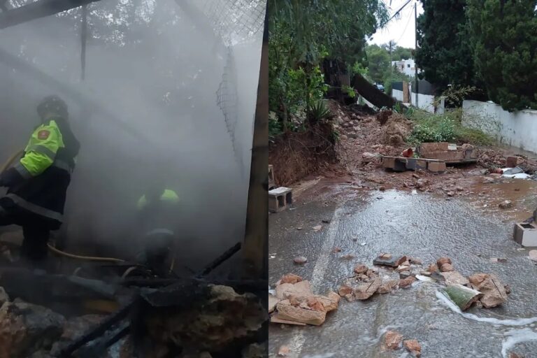 Bomberos trabajando en un incendio forestal en Ibiza durante una tormenta