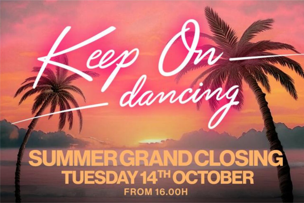 Cartel de la fiesta de cierre en Playa Soleil con palmeras y atardecer.