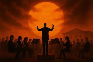 Director de orquesta frente a m&uacute;sicos bajo un sol anaranjado