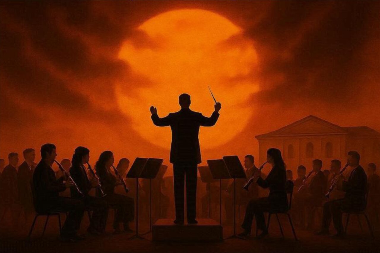 Director de orquesta frente a músicos bajo un sol anaranjado