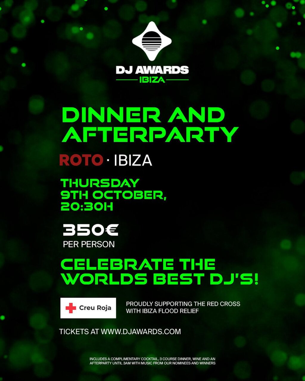 Cartel del evento DJ Awards 2025 en ROTO Ibiza con detalles de la cena y afterparty.