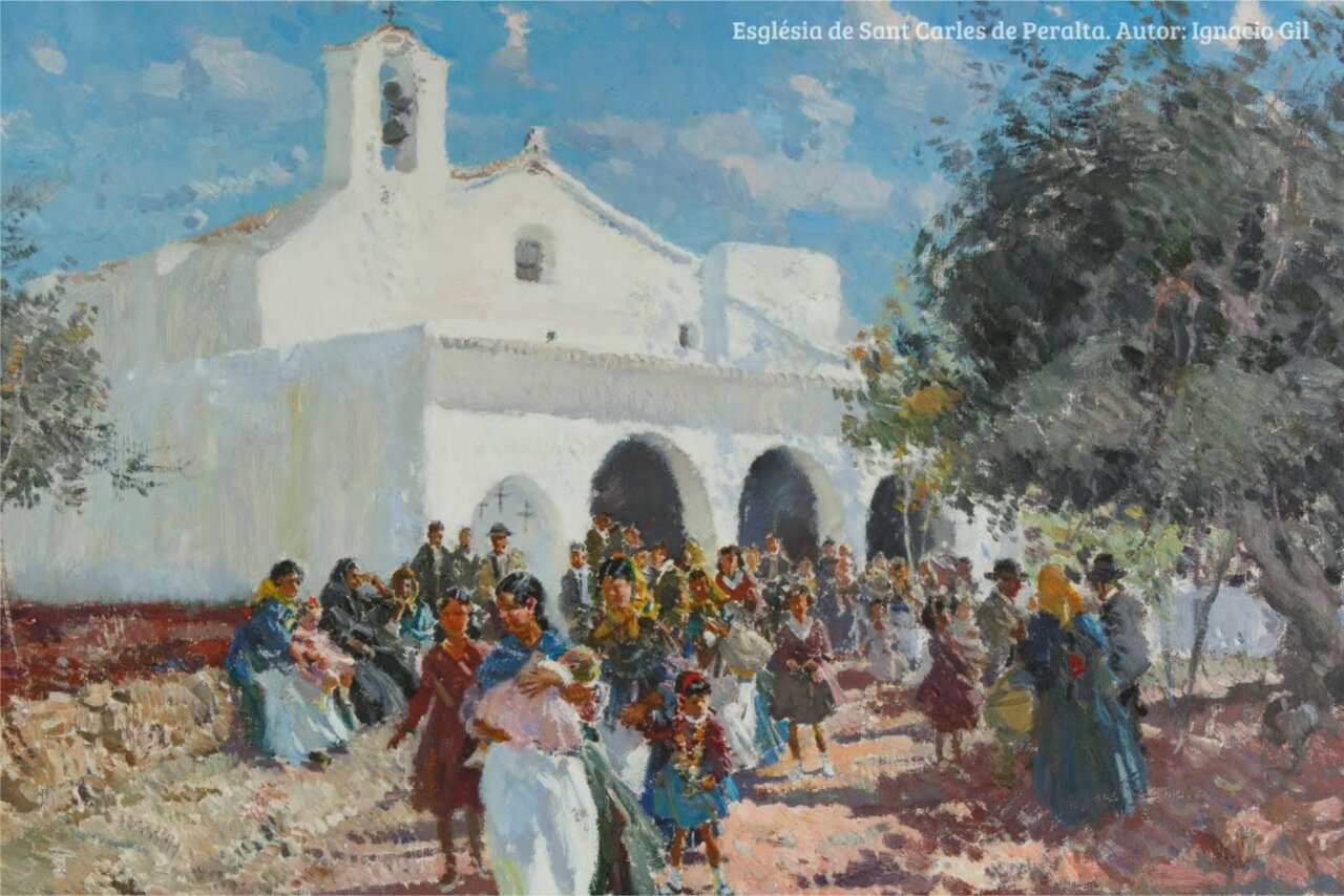 Pintura de la Església de Sant Carles con personas en celebración