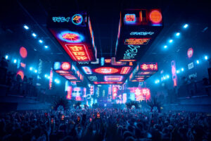 Ambiente vibrante de fiesta en UNVRS con luces y p&uacute;blico animado