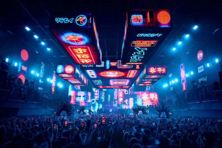 Ambiente vibrante de fiesta en UNVRS con luces y público animado
