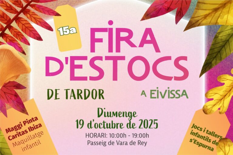 Cartel de la Fira d'Estocs de Tardor en Eivissa con detalles coloridos.