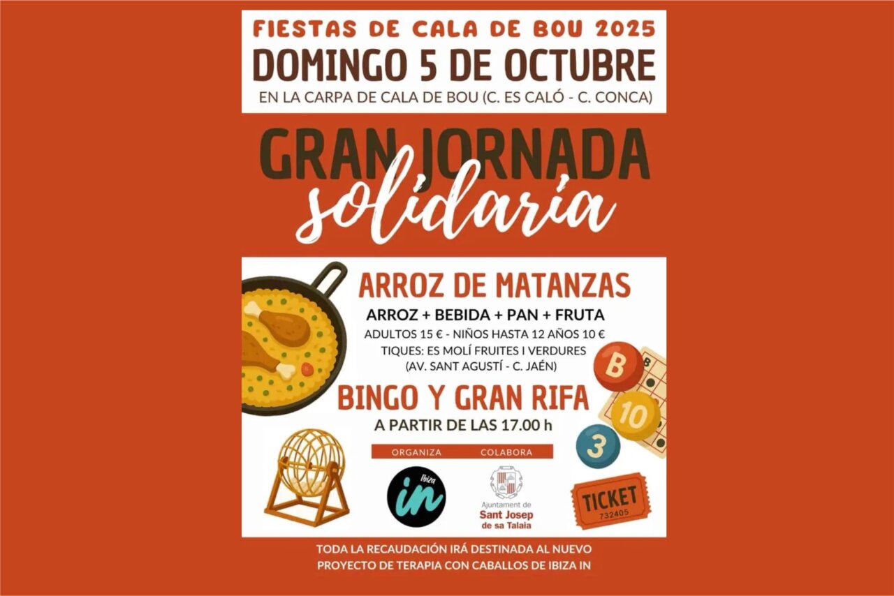 Cartel de la gran jornada solidaria en Cala de Bou con actividades y precios.