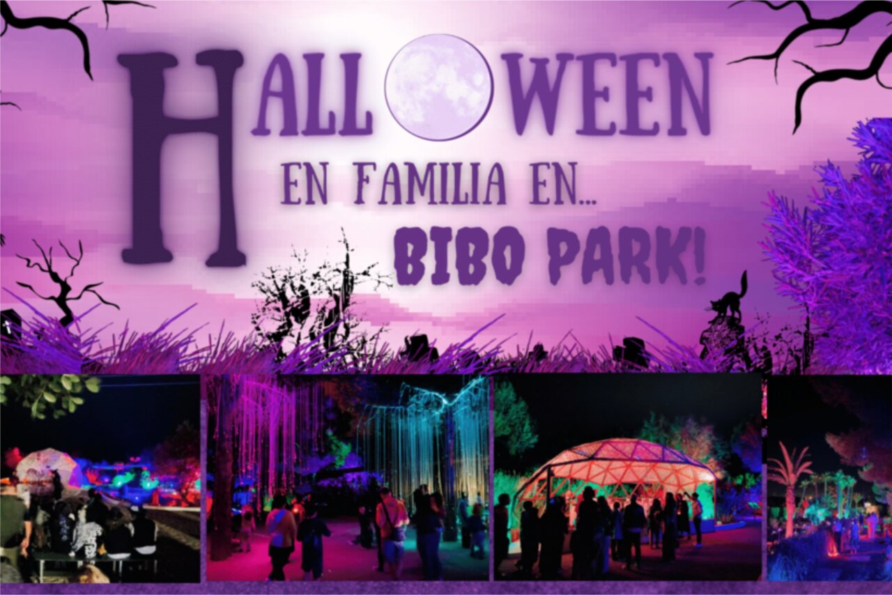 Celebración de Halloween en Bibo Park con luces y decoraciones festivas.
