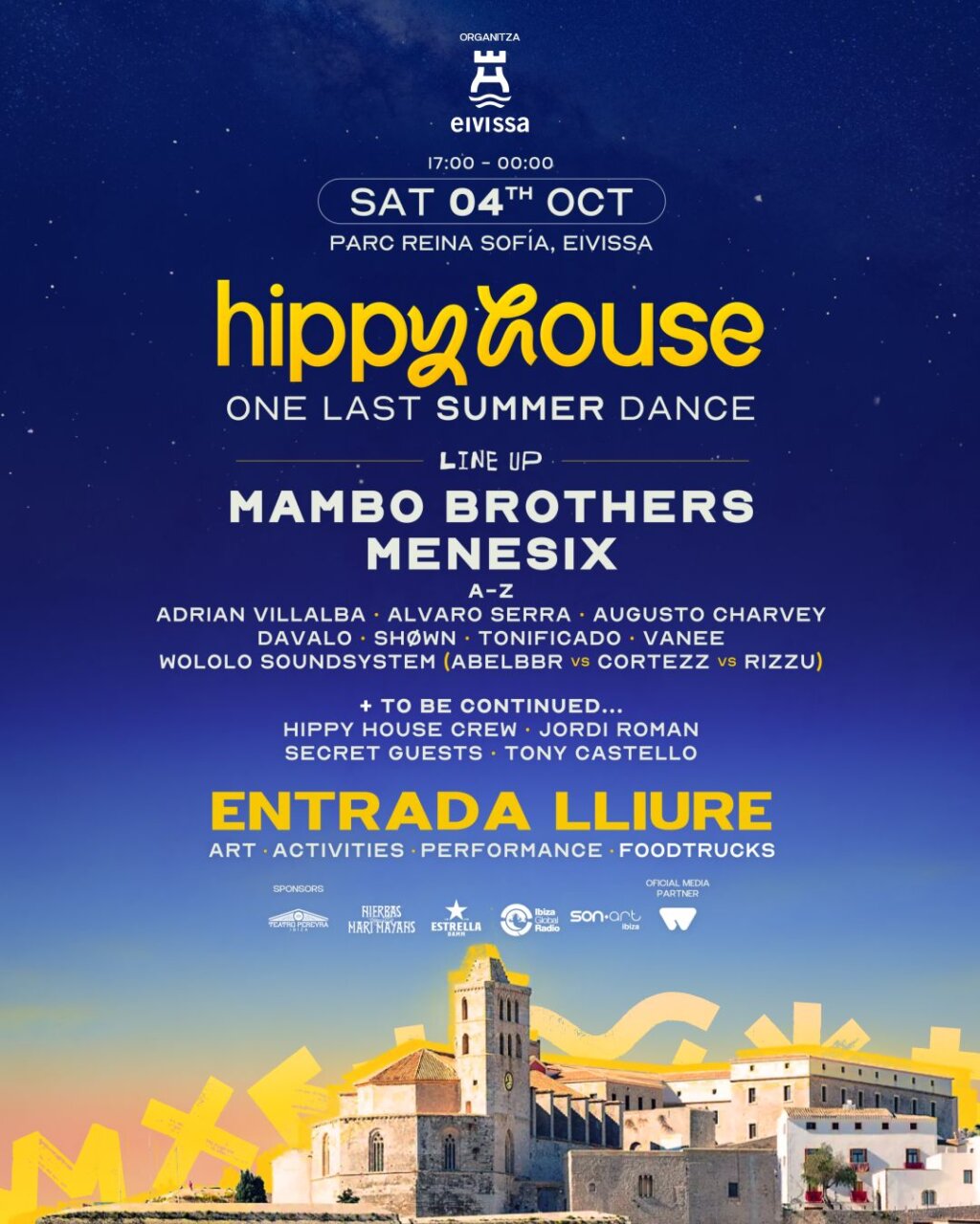 Cartel del evento Hippy House en Ibiza con detalles de la programación.